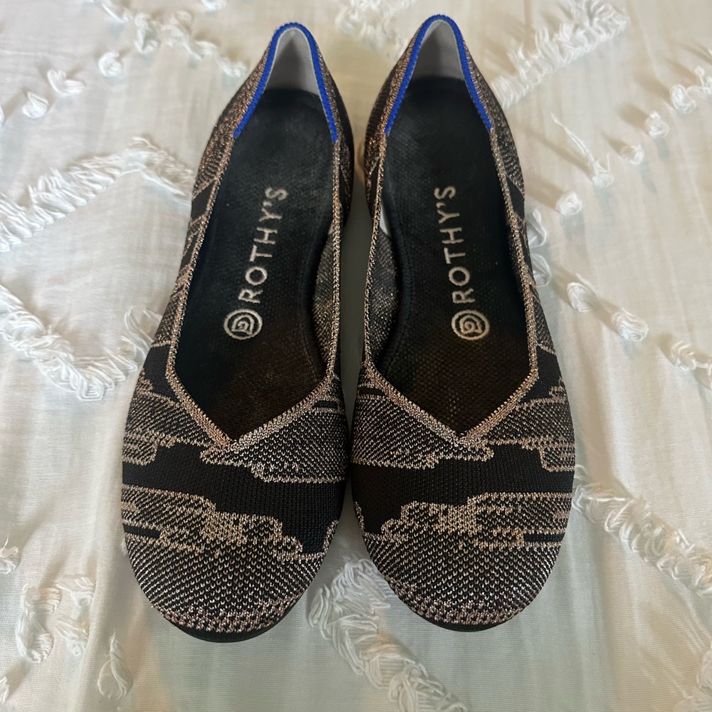 Rothy's Black and Tan Women's Flats with Blue Trim